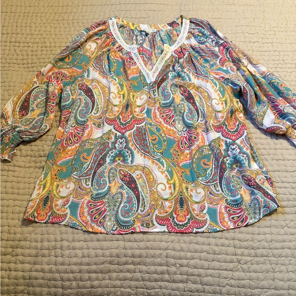 Spense Women Colorful Paisley Flowy Tunic Blouse Size 2X. Crochet neckline. - Picture 7 of 11